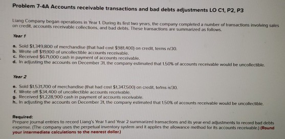 Problem 7.4A Accounts receivable transactions and bad debts adjustments LO C1, P2, P3 Liang Company began operations in Year