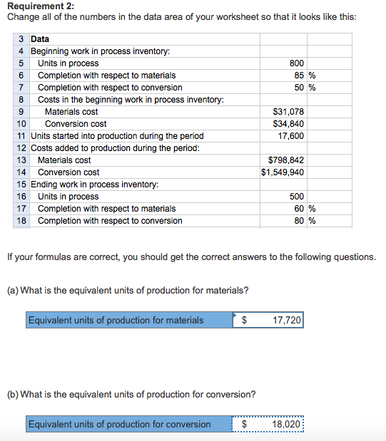 Requirement 2 Change all of the numbers in the data area of your worksheet so that it looks like this 3 Data 4 Beginning work in process inventory: 5 Units in process 6 Completion with respect to materials 7 Completion with respect to conversion 8 Costs in the beginning work in process inventory: 9 10 Conversion cost 11 Units started into production during the period 12 Costs added to production during the period 13 Materials cost 14 Conversion cost 15 Ending work in process inventory: 16 Units in process 17 Completion with respect to materials 18 Completion with respect to conversion 800 85 % 60% Materials cost S31,078 S34,840 17,600 $798,842 $1,549,940 500 60% 80 % If your formulas are correct, you should get the correct answers to the following questions. (a) What is the equivalent units of production for materials? Equivalent units of production for materials 17,720 (b) What is the equivalent units of production for conversion? Equivalent units of production for conversion $18,020