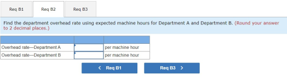Req B1 Req B2 Reg B3 Find the department overhead rate using expected machine hours for Department A and Department B. (Round