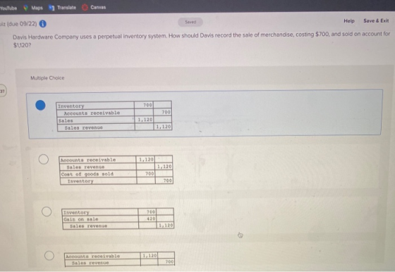Youtube Maps Translate Canvas Saved iz (due 09/22) Help Save & Exit Davis Hardware Company uses a perpetual inventory system.