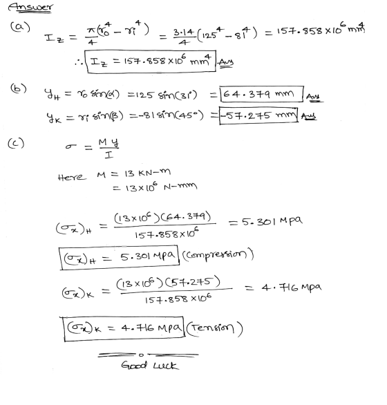 Answer (a) smont 157.858 X10 = Iz = acerca Crit) 3:44 (125* -814) - Iz = 157.858X106 4 4 mm lary 16 -164.379 mm YH = rosinca)