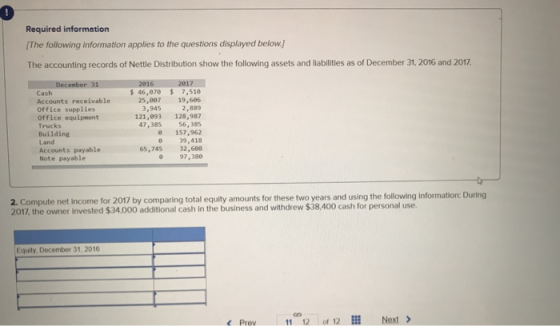 9 Required information The following information applies to the questions displayed below.] The accounting records of Nettle Distribution show the following assets and liabilities as of December 31, 2016 and 2017 Cash Accounts receivable Office supplies Office equipment Trucks Building Land Accounts payable Note payable 46,070 7,510 25,007 19,606 2,889 121,093 128,987 47,385 56, 385 157,962 39,418 65,745 32,608 97,380 3,945 2. Compute net income for 2017 by comparing total equity amounts for these two years and using the following information: During 2017, the owner invested $34,000 additional cash in the business and withdrew $38,400 cash for personal use Equity, December 31, 2016 e Prev 11 12 of 12 Next >