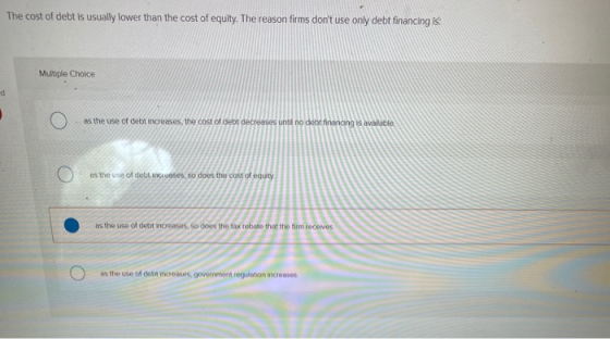 The cost of debt is usually lower than the cost of equity. The reason firms dont use only debt financing is: Multiple Choice