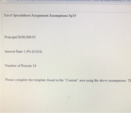 Excel Spreadsheet Assignment Assumptions Sp19 Principal S100,000.05 Interest Rate 1.4% (0.014) Number of Periods 19 Please complete the template found in the Content area using the above assumptions. Th