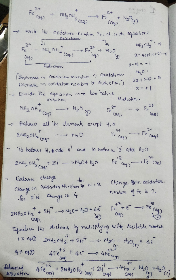 Coq) + NH₂OH, Fe & Ngon cag) --> Wribe the Oxidation number Fe, N in the equator هنطهيه Fe & NH₂OH – Fe2+ & NO NH₂OH₂ : N 2 +