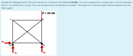 Estimate the redundant force in the truss member BC as shown in the following FIGURE. The truss is subjected to a vertical lo