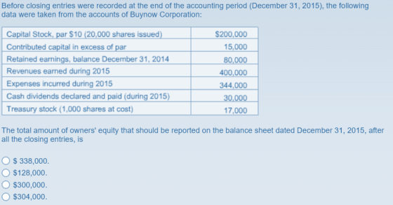 Before closing entries were recorded at the end of the accounting period (December 31, 2015), the following data were taken f