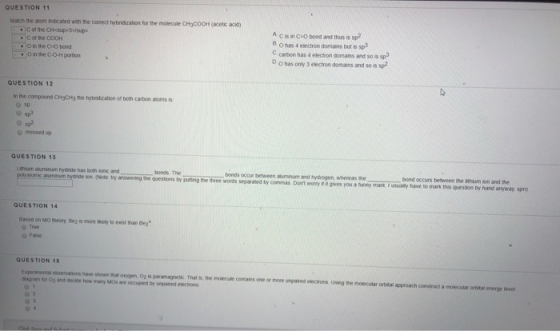 QUESTION 11 Match the alom indicated with the correct hybridization for the molecule CHCOOH (scetic acid) of the CH csup>3<su