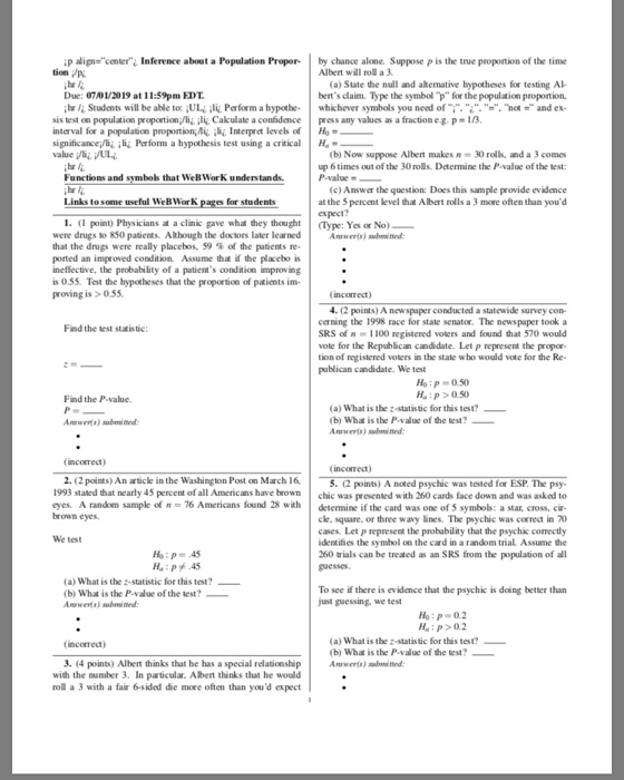 P align=center Inference about a Population Propor- tion /p hr Due: 07/01/2019 at 11:59pm EDT hrStudents will be able to: iU