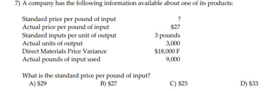 7) A company has the following information available about one of its products: Standard price per pound of input Actual pric