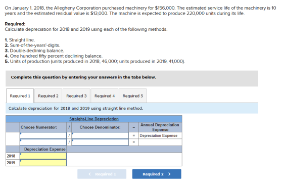 On January 1, 2018, the Allegheny Corporation purchased machinery for $156,000. The estimated service life of the machinery i