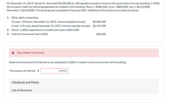 On December 31, 2019, Novak Inc. borrowed $4,020,000 at 13% payable annually to finance the construction of a new building. I