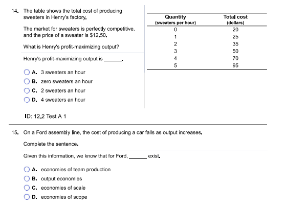 14. The table shows the total cost of producing sweaters in Henrys factory. Quantity (sweaters per hour) Total cost (dollars