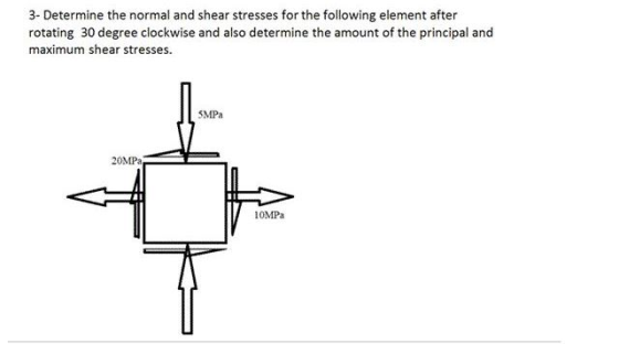 3- Determine the normal and shear stresses for the following element after rotating 30 degree clockwise and also determine the amount of the principal and maximum shear stresses. SMPa 20MPa a1 10MPa