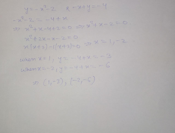 y=-u²-2 arut y = - 4 2² - 2 = – 4th x²+2-4+2=0 srtu-2=o. u2t2u-n-2=0 n utz)-1(x+2)=0 M X=,-2 when ual, y = – 4+x=-3 whenua-21