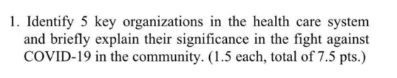 1. Identify 5 key organizations in the health care system and briefly explain their significance in the fight against COVID-1