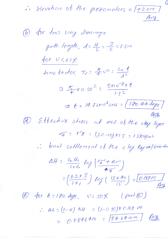 is Elevation of the piezometers = /F2.0m 7 - 1.52 ② for two way drainage puth length, do 14 / 2 = 2 2 21.5m for u<60% time ta