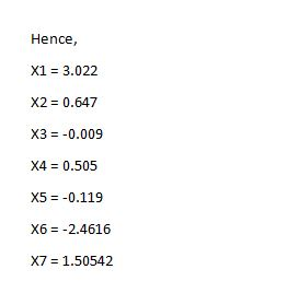 Hence, X1 = 3.022 X2 = 0.647 X3 = -0.009 0.505 X5 = -0.119 X6 = -2.4616 X7 = 1.50542