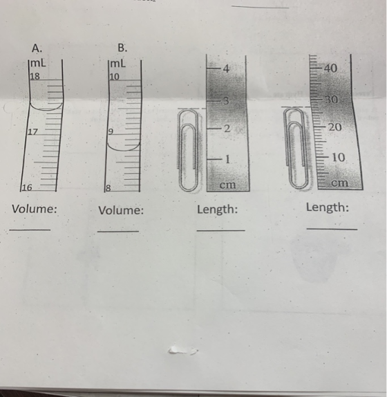 A. . B. ImL IN ml 18 16 Is- cm cm Volume: Volume: Length: Length:
