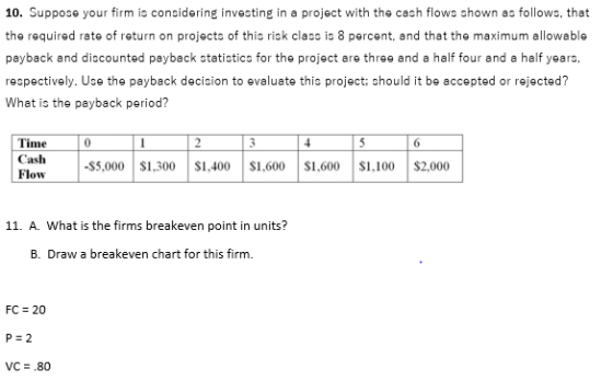 10. Suppose your firm is considering investing in a project with the cash flows shown as follows, that the required rate of r