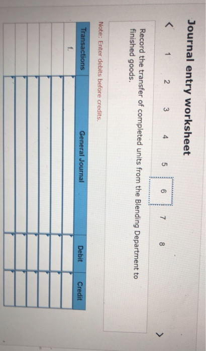 Journal entry worksheet < 1 2 3 4 5 . 이 7 8 Record the transfer of completed units from the Blending Department to finished g