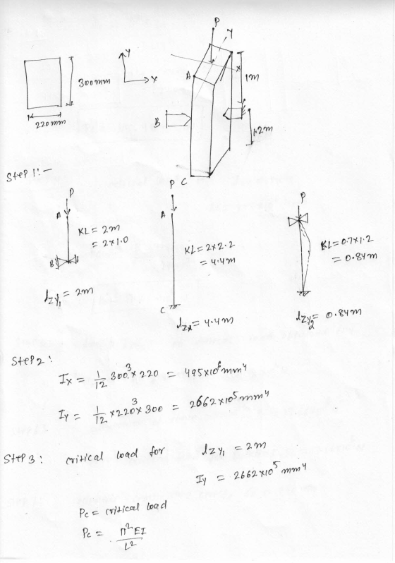 A im 300mm 220 mm B 12m Step !! - Pc P A KL = 2m 2x10 KL=2x2.2 KL= 0.741.2 = 0.84m - 4.um dzy, = 2m 0.84 m dzy 4.um Stepo! Ix