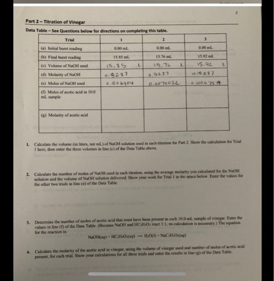 2 3 0.00 mL 15.92 mL Part 2 - Titration of Vinegar Data Table - See Questions below for directions on completing this table.