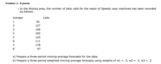 Problem 2 :8 points . In the Atlanta area, the number of daily calls for the repair of Speedy copy machines has been recorded as follows: October Calls 2 3 4 92 127 106 165 125 6 7 8 178 97 a) Prepare a three-period moving-average forecasts for the data. b) Prepare a three-period weighted-moving average forecasts using weights of wi-.5, w2-3, w3 2.