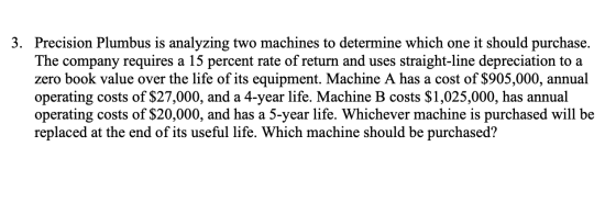 3. Precision Plumbus is analyzing two machines to determine which one it should purchase. The company requires a 15 percent r