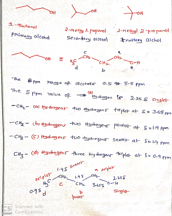 O 1-utanol primary alcohol 2-methy 1. propanol Secondary alcohol 2-Methyl 2-propanol testary alchol OH - ь The 8ppm range of