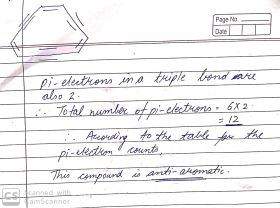 Page No. Date pi-electrons in a triple bond sare also 2. ... Total num ctrons = 6x2 = 12 .. According to the table for the ta