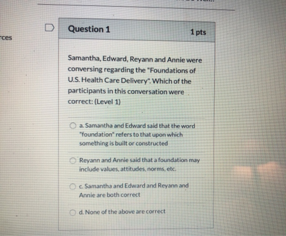 Question 1 1 pts rces Samantha, Edward, Reyann and Annie were conversing regarding the Foundations of U.S. Health Care Deliv