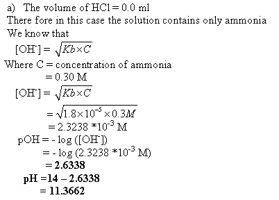 a) The volume of HCI 0.0 ml There fore in this case the solution contains only ammonia We know that Where C-concentration of