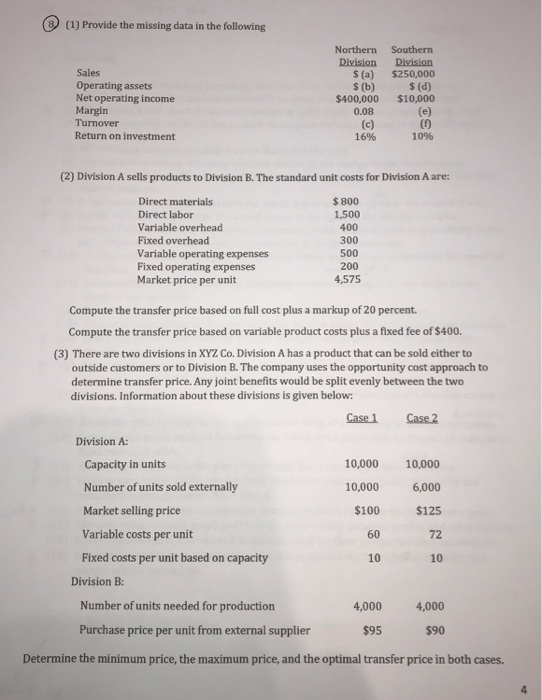 (1) Provide the missing data in the following Northern Southern Division $250,000 $ (d) Division $(a) (b) $400,000 0.08 Sales