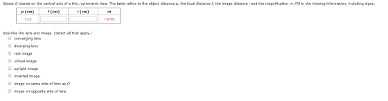 Object O stands on the central axis of a thin, symmetric lens. The table refers to the object distance p, the focal distance
