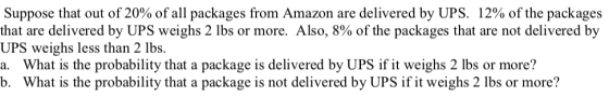 Suppose that out of 20% of all packages from Amazon are delivered by UPS, 12% of the packages that are delivered by UPS weighs 2 lbs or more. Also, 8% of the packages that are not delivered by UPS weighs less than 2 lbs. a. What is the probability that a package is delivered by UPS if it weighs 2 lbs or more? b. What is the probability that a package is not delivered by UPS if it weighs 2 lbs or more?