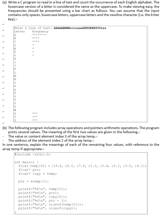 (a) Write a C program to read in a line of text and count the occurrence of each English alphabet. The lowercase version of a