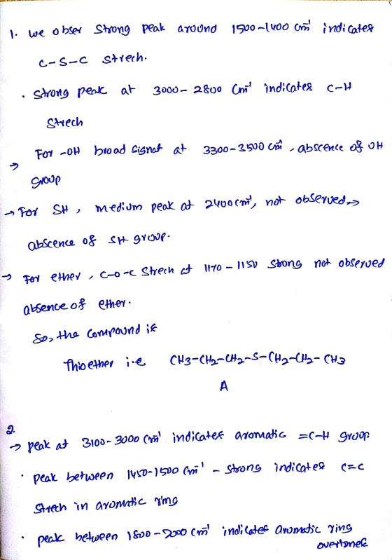 1. we obser strong peak around 1500-1400 can indicates c-s-c strech. strong peak at 3000- 2800 crni indicates C-H Strech For