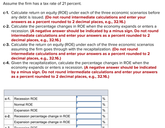 Assume the firm has a tax rate of 21 percent. C-1. Calculate return on equity (ROE) under each of the three economic scenario