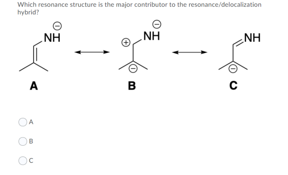 Which resonance structure is the major contributor to the resonance/delocalization hybrid? .NH (+ NH NH C A C