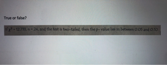 True or false? if x2 = 12.733, n = 24, and the test is two-tailed, then the p-value lies in between 0.05 and 0.10.
