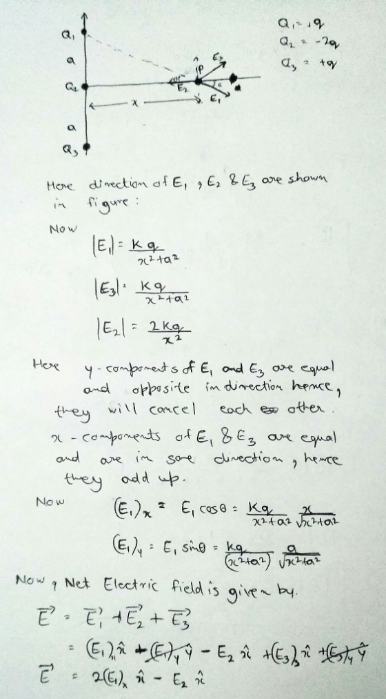a, Here dinecton。f E, , E2 & E3 are shown Now 티 and opssite n divection hence will cancel eoche potter <t-ey vu Now 1 Nct Electvic field is give by tect γC 2.