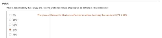 Part C What is the probability that Howey and Haileys unaffected female offspring will be carriers of PFK deficiency? They h