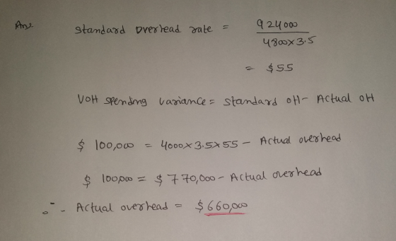 And standard overhead werhead date ate = = 924000 4800x3.5 - $ 55 Vott spending variance standard OH- Actual of $ 100,00 = 40