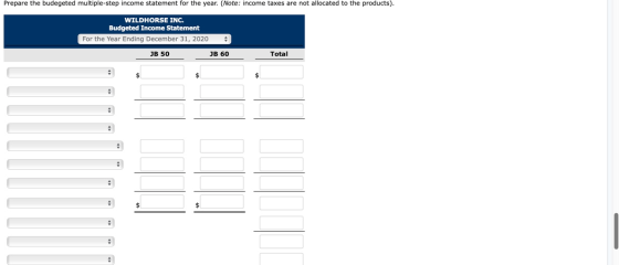 Prepare the budegeted multiple-step income statement for the year. (Note: income taxes are not allocated to the products). WI