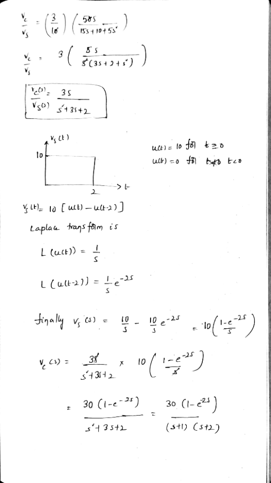 585 I551 10+55 Ś(354345) Vso) s+35+2 ut) = 10 f3) tzo 1o Ý Lt)= 10 [ ult) – ult-2)] Laplau trans foim is ī = ((1)7) 7 L (ult-