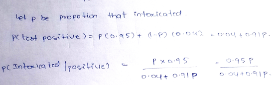 propotion 0.04 +0.91p. PC Intoxicated let p be that intoxicated. PC test positive) - PC0.95) + (-p) (0.04). p xo.95 DOU + 0.
