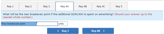 Reg 1 Req 2 Req3 Reg 4A Req 4B Req 4C Reg 5 What will be the new breakeven point if the additional $259,900 is spent on adver