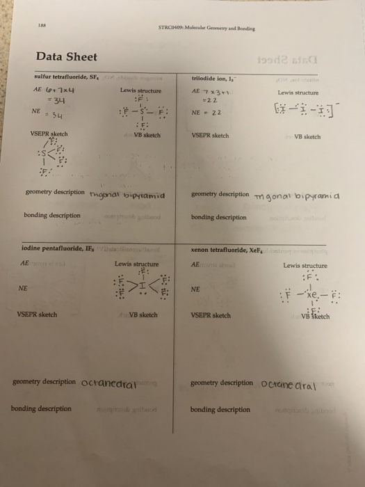 STROLOS Mole Geometry and Bonding Data Sheet 1992 triiodide lon, 1, sulfur tetrafluoride, SF. AE 61x4 -34 Lewis structure AI