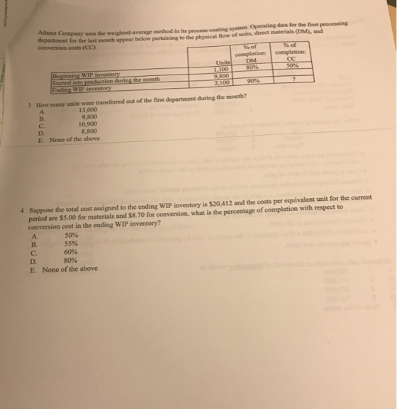 Company uses the weighted average method in its process-costing system. Operating data for the first processing department fo